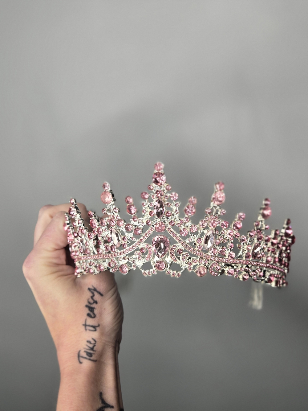 Pink Rhinestone Crystal Tiara Crown Silver Tone Bridal Wedding Pageant Princess